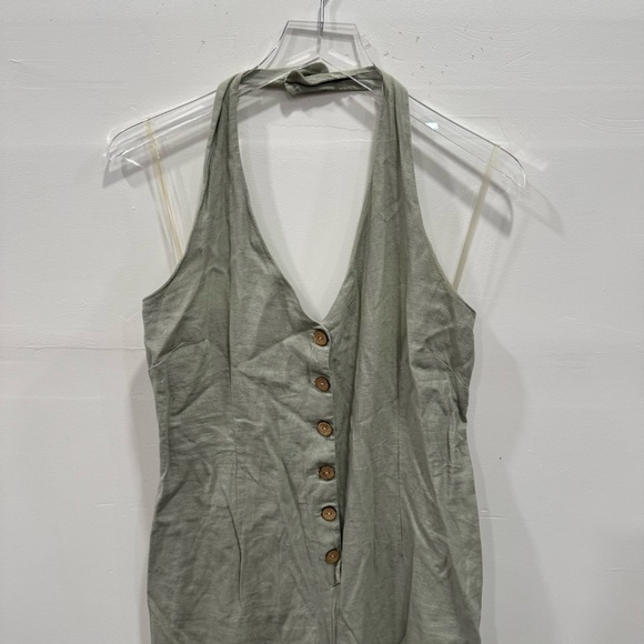 Gypsies & Moondust Halter Linen Blend Jumpsuit Button Front Wide Leg Sage Green - Picture 3 of 9